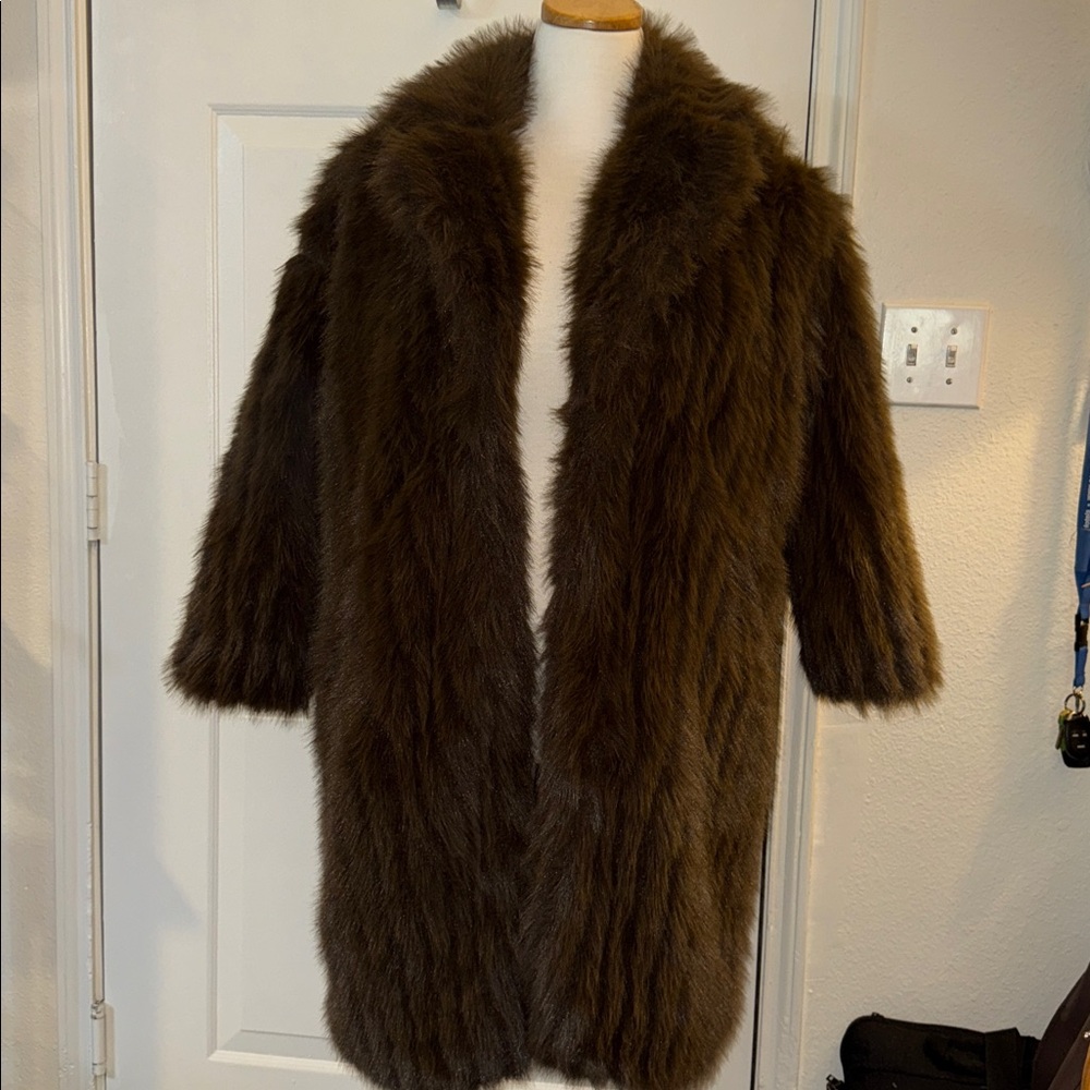 Luxurious Dark Brown Faux Fur Coat. Size READ